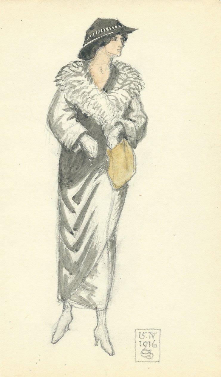 Fashionable Lady, 15.IV.1916, 1916 (pióro i atrament i toaleta na papierze) autorstwa Joseph Edward Southall