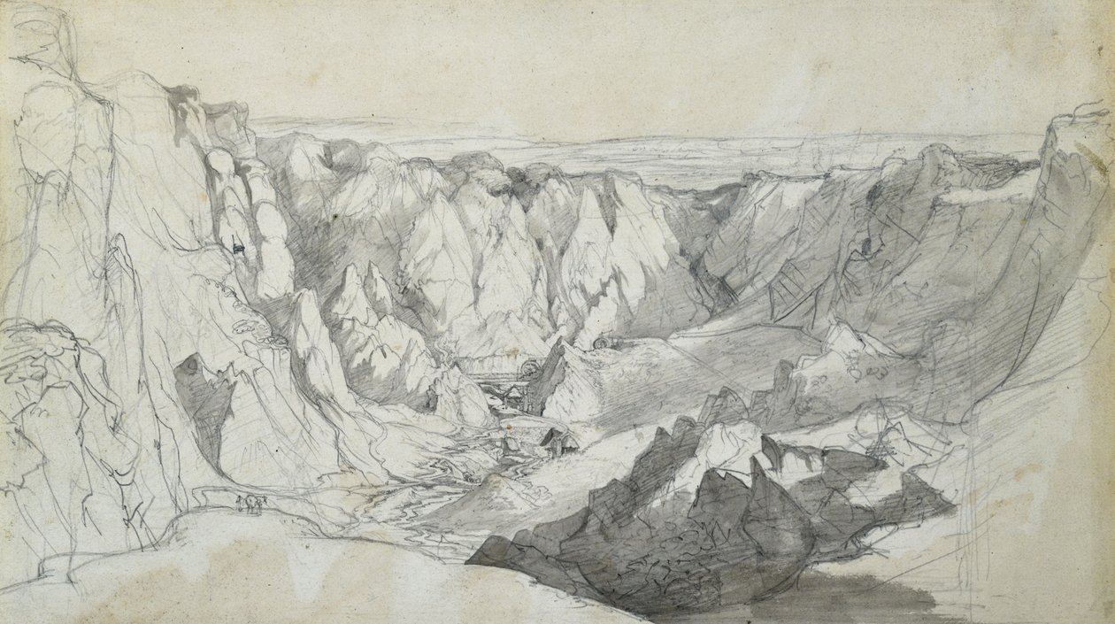 Kopalnia cyny Carclase w Kornwalii, ok. 1810 r. (ołówek z efektem rozmycia na papierze) autorstwa Joseph Farington