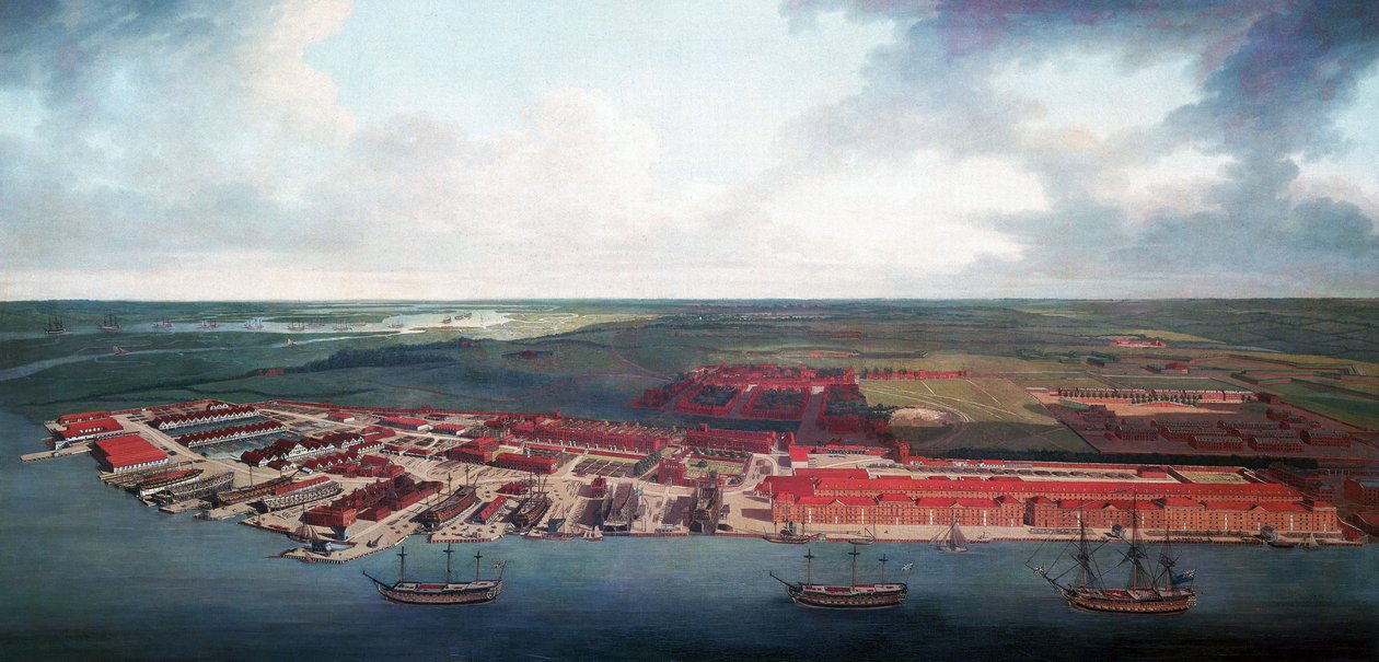 Stocznia Chatham (Anglia), dzięki swojemu położeniu geograficznemu, Chatham było najważniejszym portem brytyjskiej Królewskiej Marynarki Wojennej w XVII wieku, a następnie w XVIII wieku stało się ważnym centrum napraw i konserwacji. autorstwa Joseph Farington