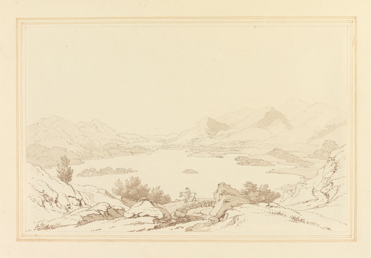Ogólny widok na jezioro Derwent Water (pióro i tusz z wc na grafitowym papierze) autorstwa Joseph Farington