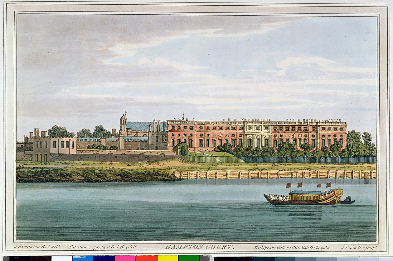Hampton Court, ryty J.C. Stadlera (fl.1780-1812) z „Historii Tamizy” Havella, 1793 (kolorowy grawerunek) autorstwa Joseph Farington