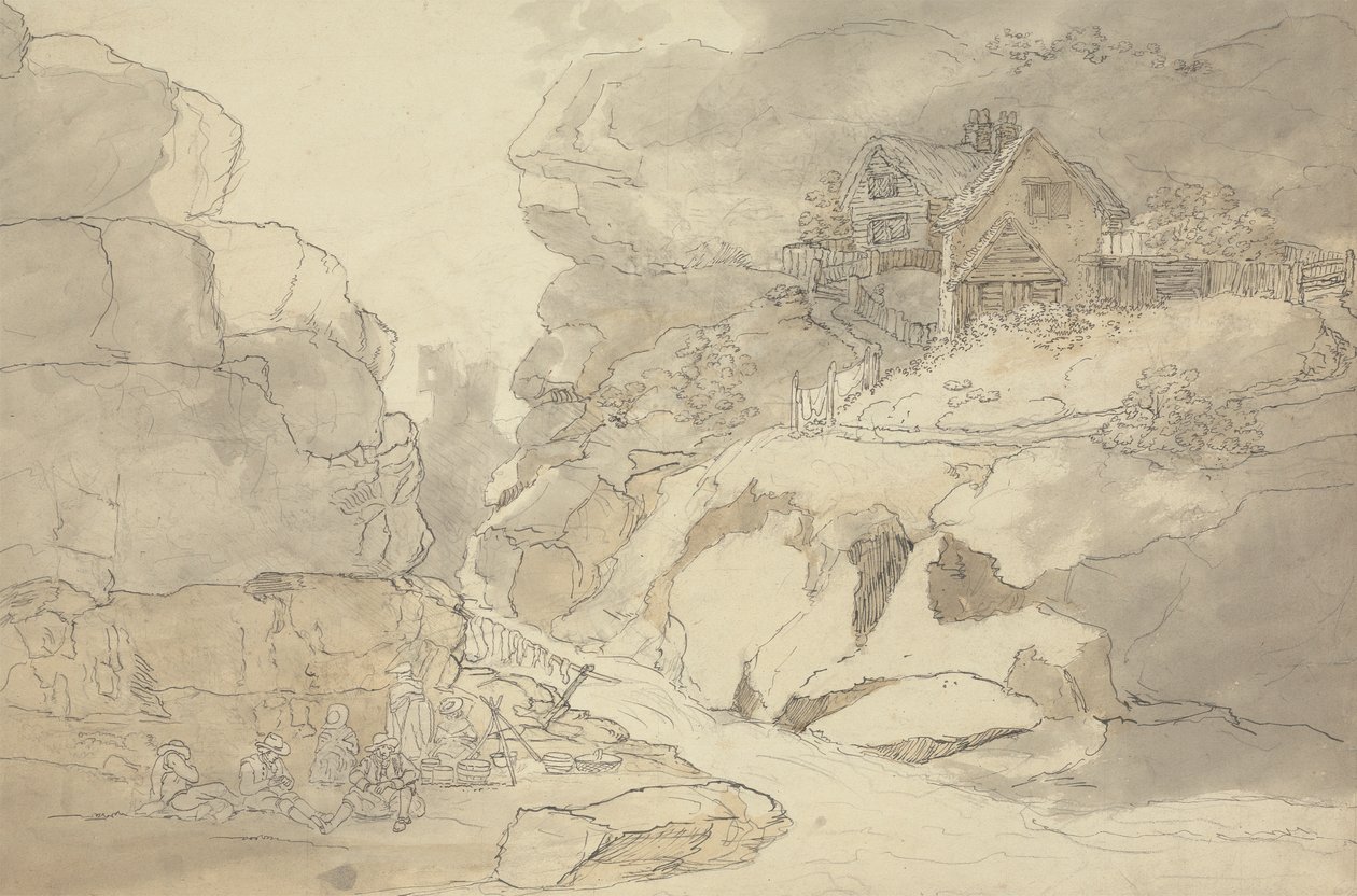 Wieśniaki i domki nad rzeką autorstwa Joseph Farington
