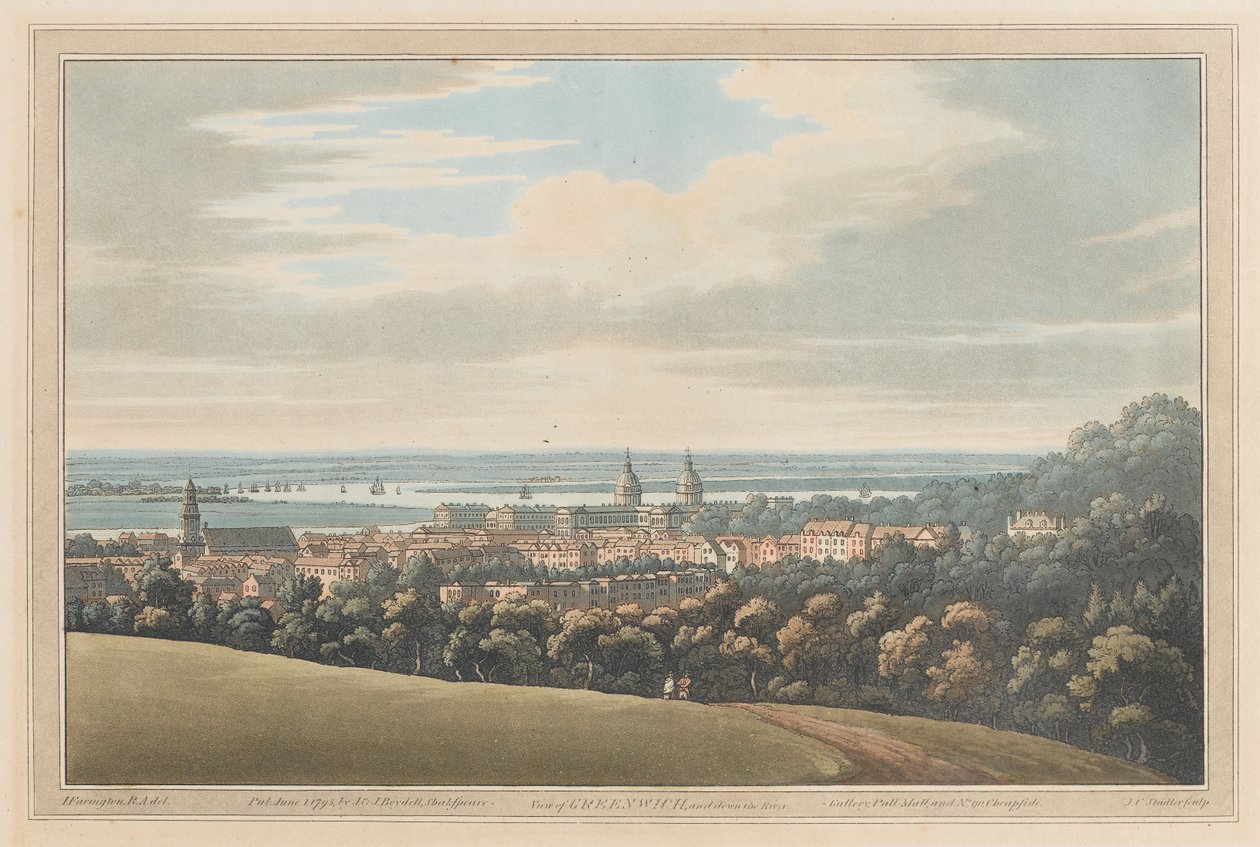 Widok na Greenwich i Down the River, 1795 (akwatinta) autorstwa Joseph Farington