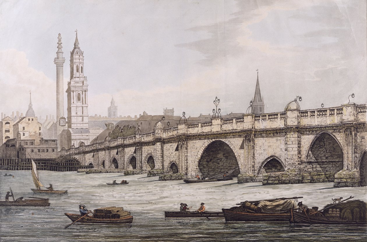 Widok na most Londyński, w tym kościół św. Maga i pomnik, wyryte przez J.C. Stadlera autorstwa Joseph Farington