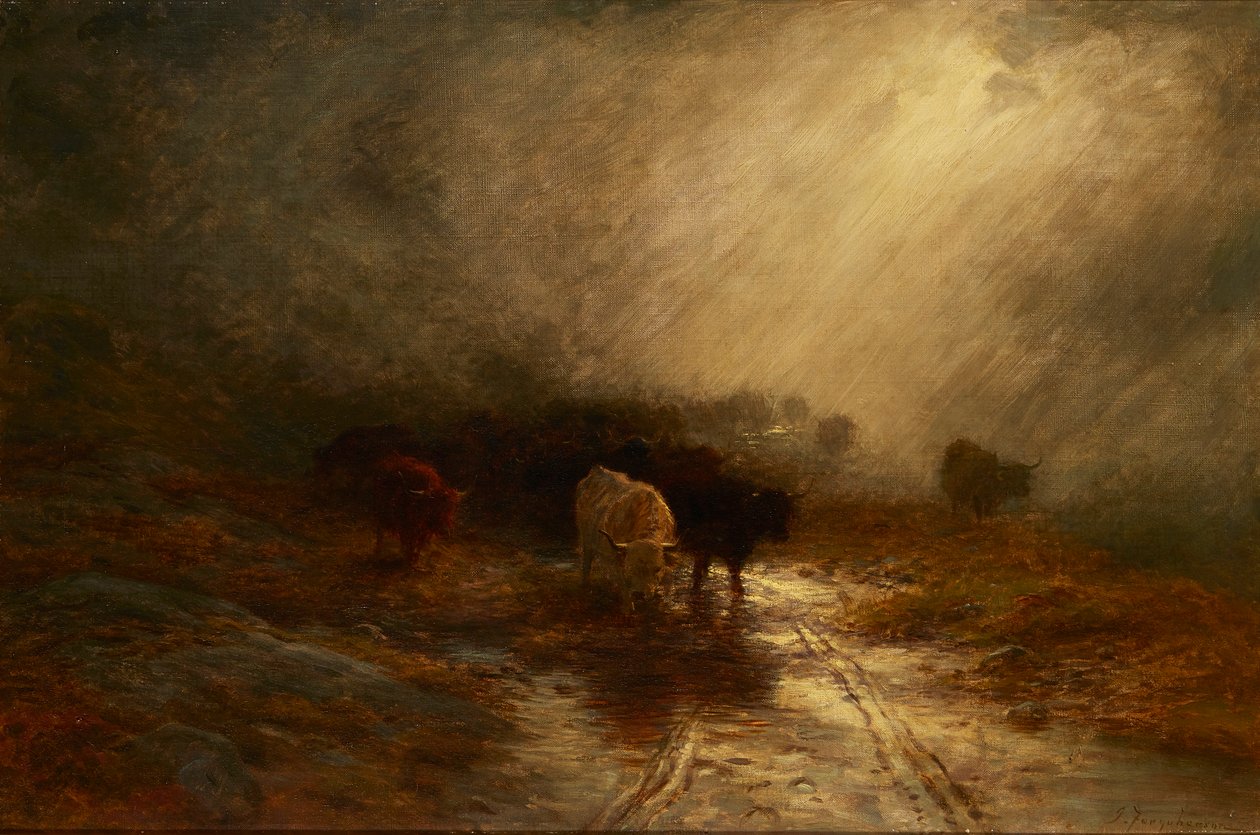 Bydło we mgle (olej na płótnie) autorstwa Joseph Farquharson
