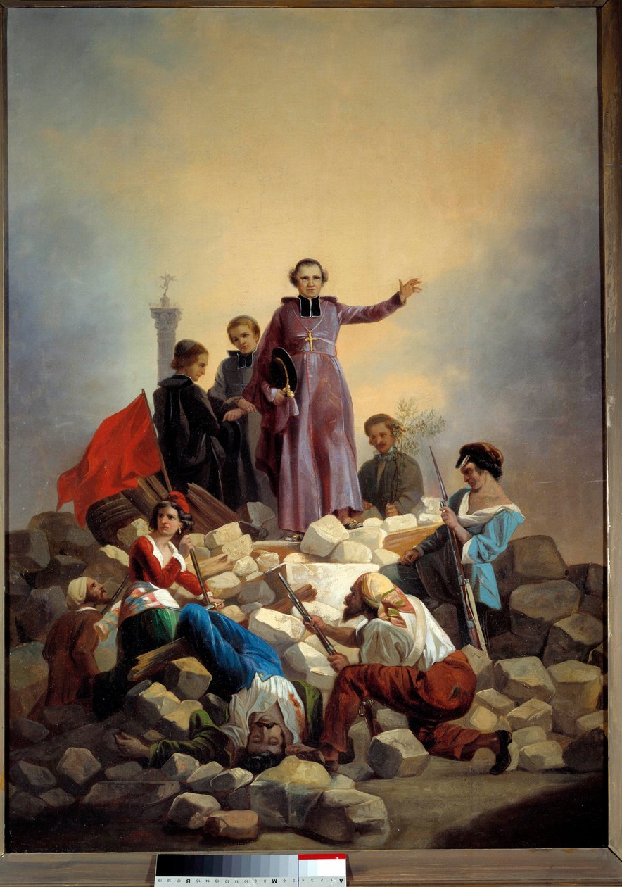 Rewolucja 1848: „” Arcybiskup Denis Affre (1793-1848) na barykadzie Faubourg Saint Anthony 26/06/1848”” Obraz Josepha Felona (1818-1896) 1848 nd. 0,92x0,67m. Paryż, Musee Carnavalet - Rewolucja 1848: „” Arcybiskup Monseigneur Denis Af autorstwa Joseph Felon