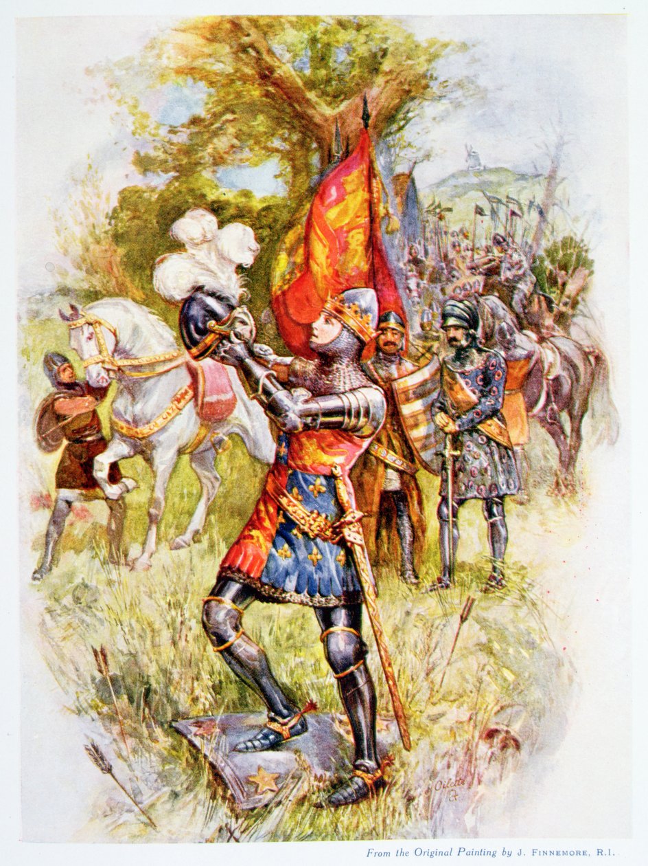 Edward Czarny Książę w bitwie pod Crecy w 1346 r., ilustracja z „Story of Royal Children from English History”, autorstwa Doris Ashley, opublikowanej przez Raphaela Tucka, 1920 autorstwa Joseph Finnemore