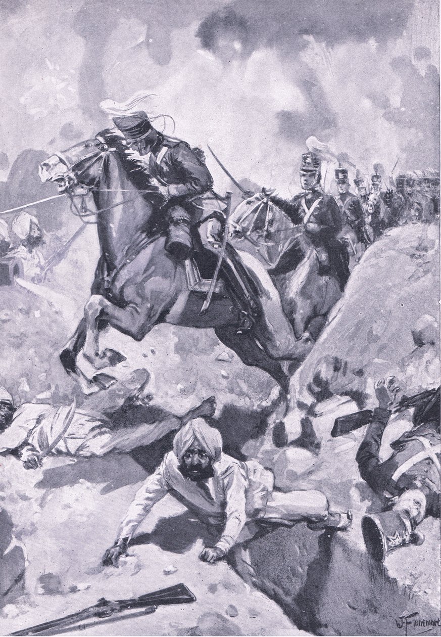 Sobraon: Sir Joseph Thackwell prowadzący 3. Light Dragons w jednym pliku przez niektóre sikhijskie roboty ziemne, ilustracja z brytyjskich bitew lądowych i morskich, 1915 autorstwa Joseph Finnemore