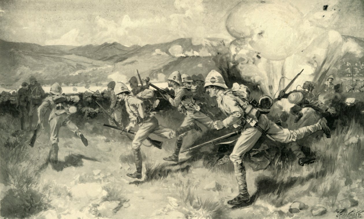 „Bitwa pod Colenso – Królewski Pułk West Surrey Królowej Dowodzący Centralnym Atakiem”, 1900. autorstwa Joseph Finnemore