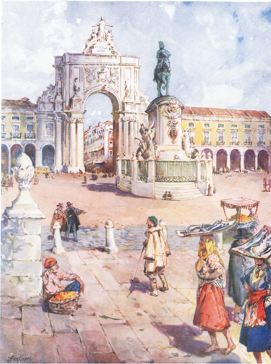 Praca do Comercio, Lizbona, z Malowniczej Europy Hutchinsona wydanej przez Hutchinson & Son, ok. 1930 autorstwa Joseph Finnemore