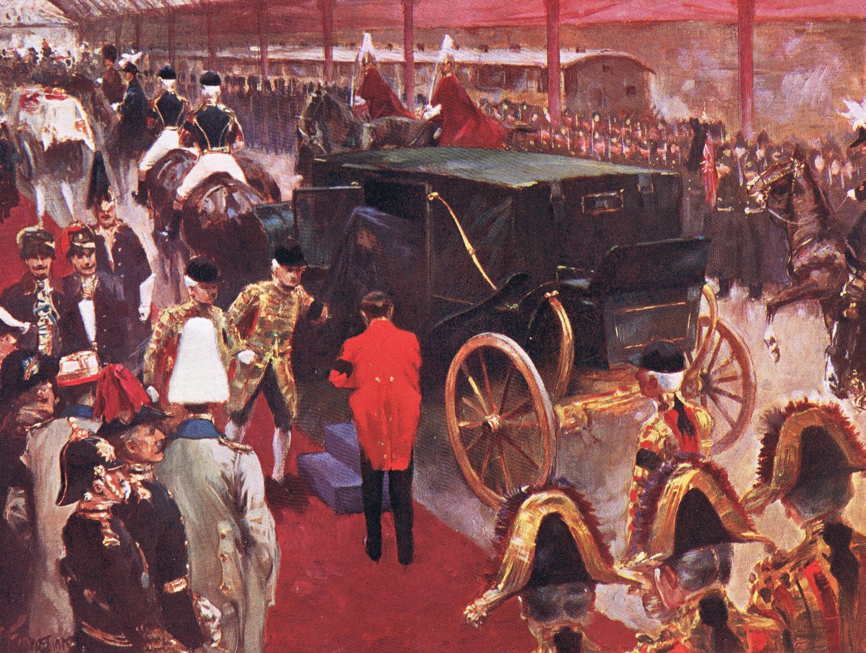 Przybycie Jej Królewskiej Mości Królowej Aleksandry do stacji Paddington z okazji pogrzebu Jej Królowej Mości Królowej Wiktorii 2 lutego 1901, ilustracja z Cassells History of England, 1900 autorstwa Joseph Finnemore
