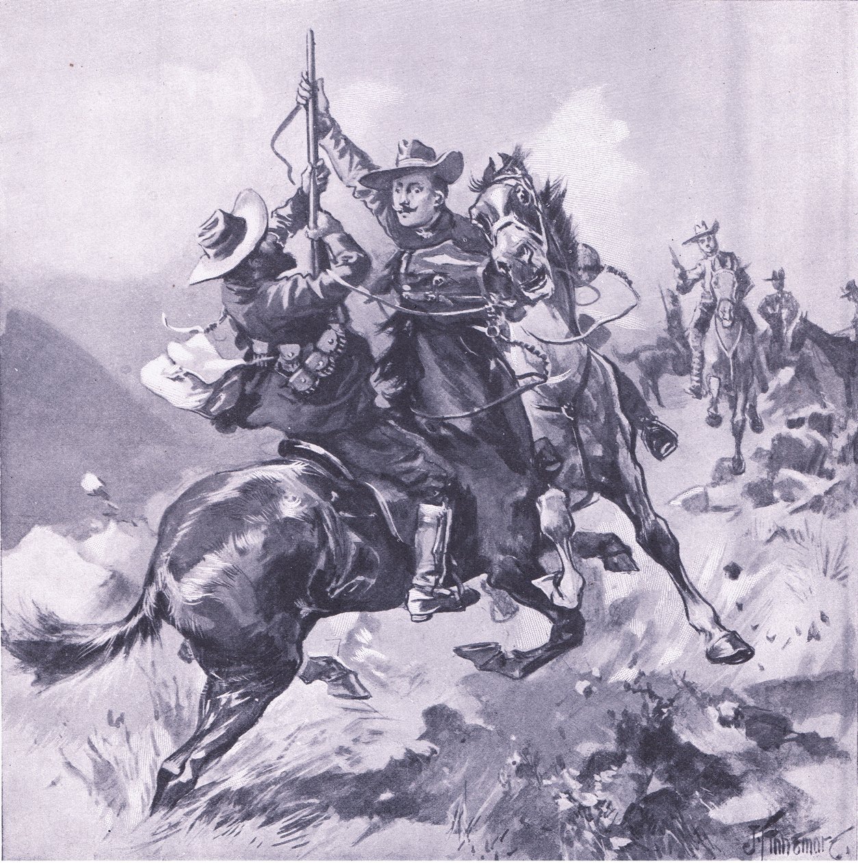 Zdobycie korneta polnego Swanepoela, ilustracja z filmu After Pretoria: The Guerilla War, 1902 autorstwa Joseph Finnemore