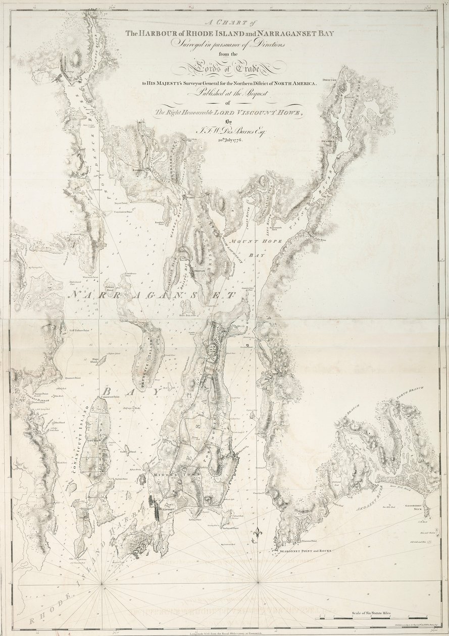 Mapa portu Rhode Island i zatoki Narraganset autorstwa Joseph Frederick Wallet DesBarres