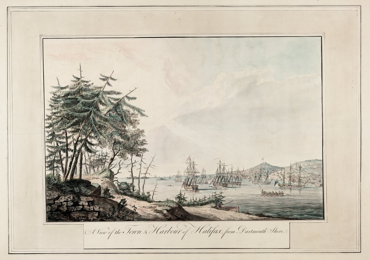 Widok miasta i portu Halifax z wybrzeża Dartmouth, ok. 1777 r. (wydrukowano) autorstwa Joseph Frederick Wallet DesBarres