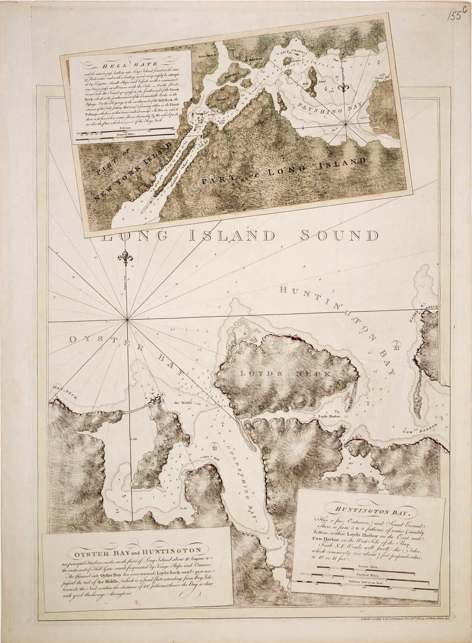 Mapa zatok Oyster Bay i Huntington Bay w cieśninie Long Island Sound autorstwa Joseph Frederick Wallet DesBarres