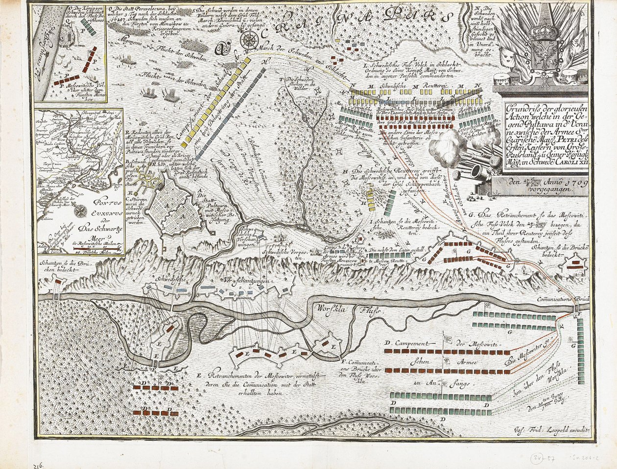 Mapa bitwy pod Połtawą 27 czerwca 1709 r. autorstwa Joseph Friedrich Leopold