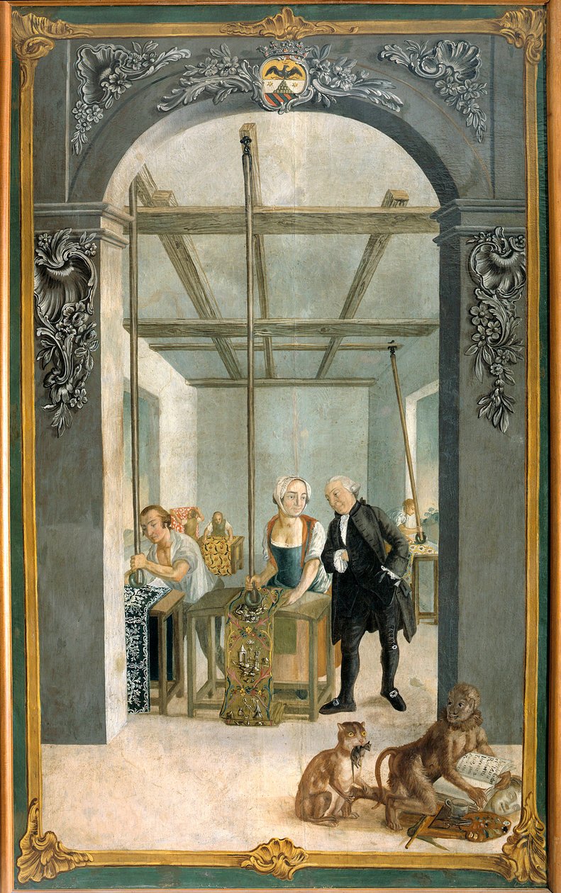 Wetter Brothers Indyjska Fabryka Tkanin: Robotnicy przechodzący przez kratę drukowanych płócien Obraz Josepha Gabriela Rossettiego (XVIII w.). 1764 Orange, Musee Municipal autorstwa Joseph Gabriel Rossetti