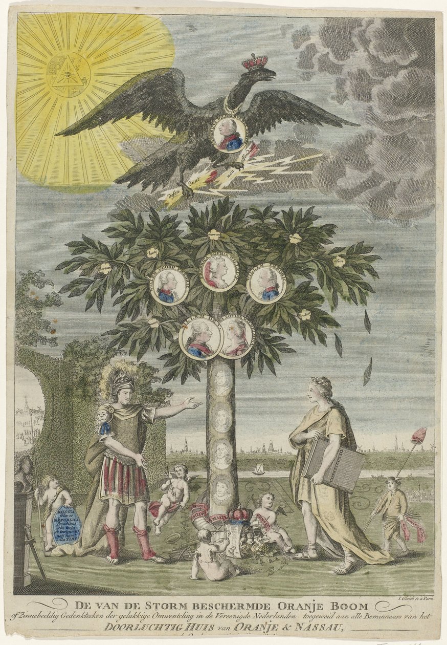 Alegoria odzyskania namiestnika Wilhelma V (kopia), 1787 Drzewo Pomarańczowe lub Symboliczny Pomnik Szczęśliwej Rewolucji w Zjednoczonych Holandii, chroniony przed burzą, poświęcony wszystkim Miłośnikom Spokojnego Domu Orange & N autorstwa Joseph Gleich