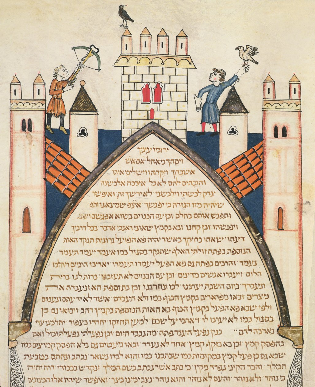 Polowanie z sokołami, ilustracja z żydowskiej Biblii Cervera, 1299 autorstwa Joseph Ha Zarefati