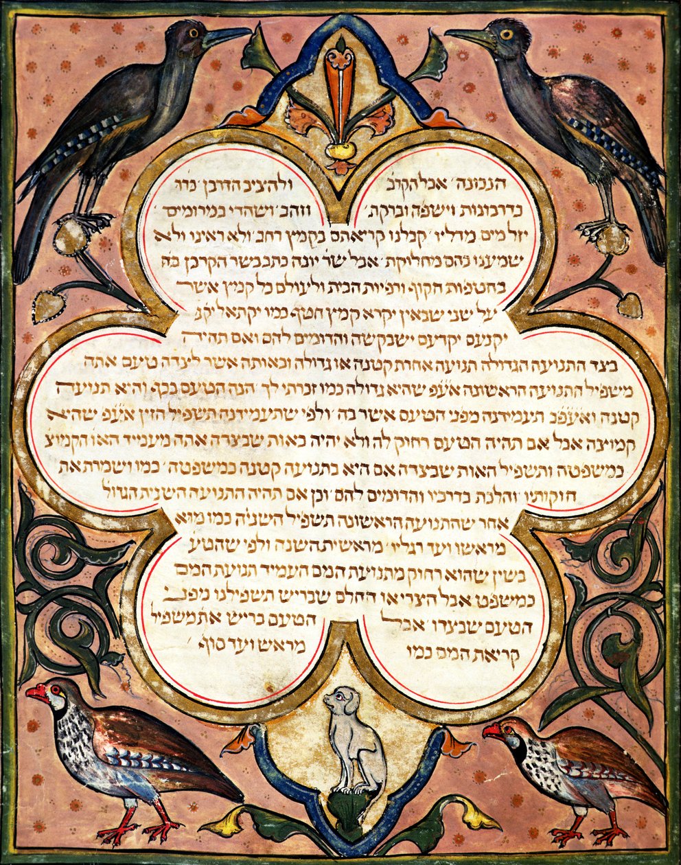 Strona z Biblii hebrajskiej z ptakami, 1299 autorstwa Joseph Ha Zarefati