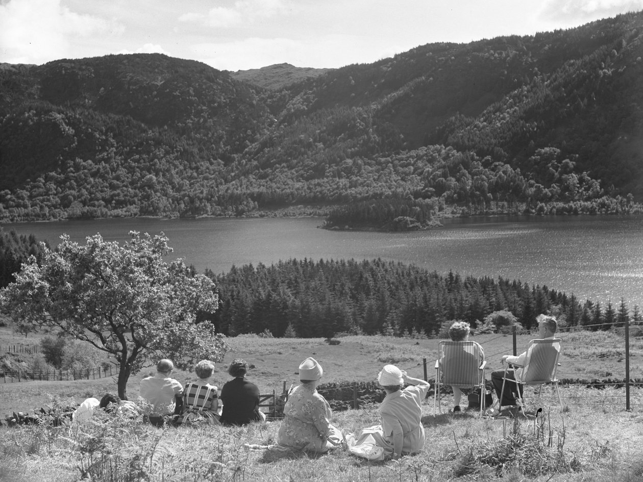 Grupa osób siedzących na trawie lub leżakach z widokiem na Thirlmere autorstwa Joseph Hardman