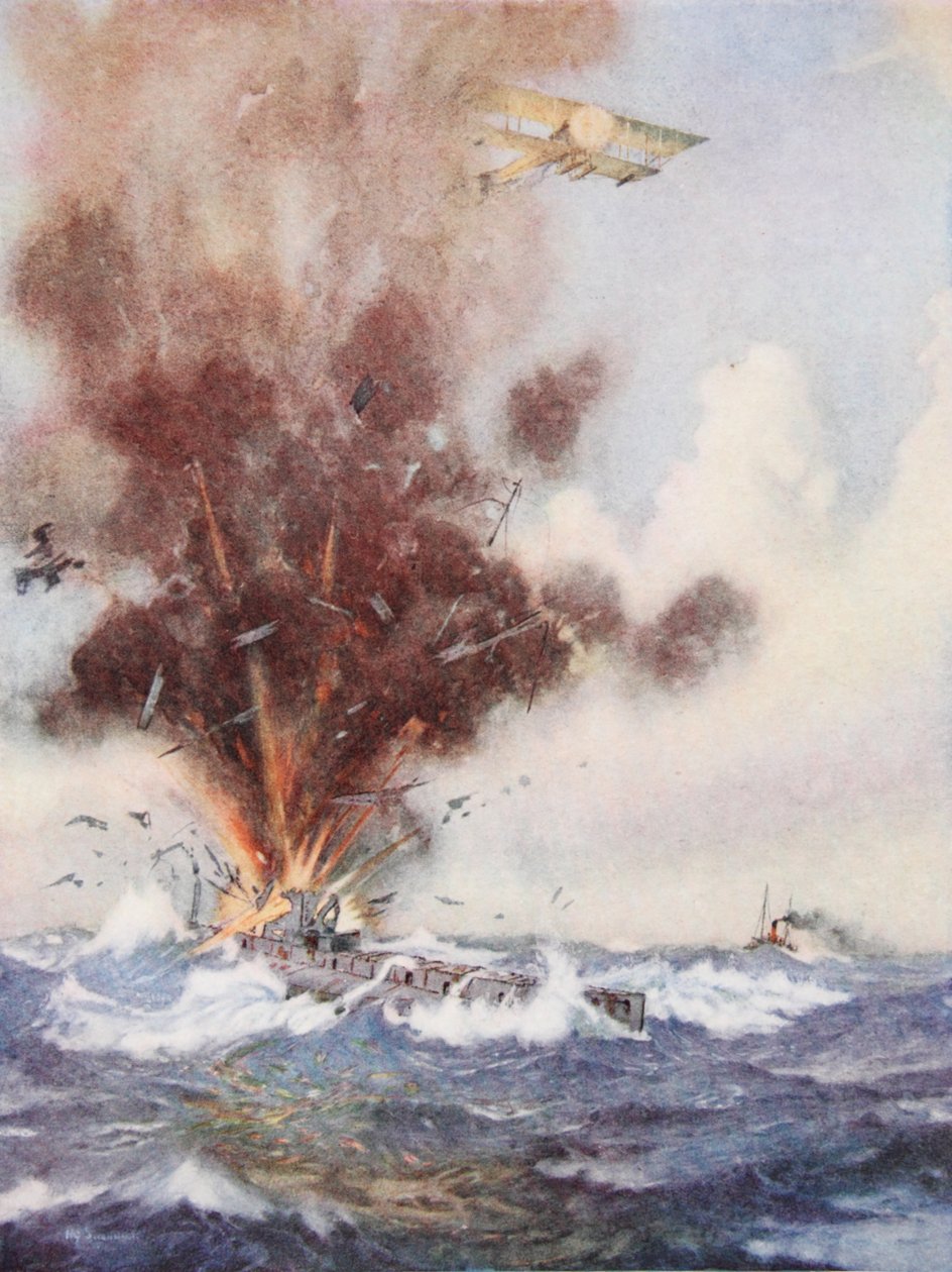 Dowódca eskadry A.W. Bigsworth atakuje bombami niemiecki okręt podwodny, który napełnia się wodą i tonie u wybrzeży Ostendy. autorstwa Joseph Harold Swanwick