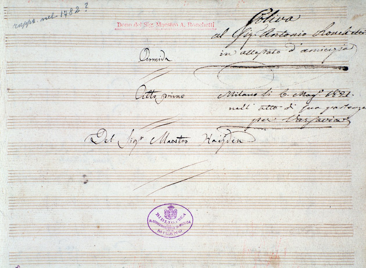 Pierwsza strona partytury menueta w Armida J. Haydna (1821) autorstwa Joseph Haydn