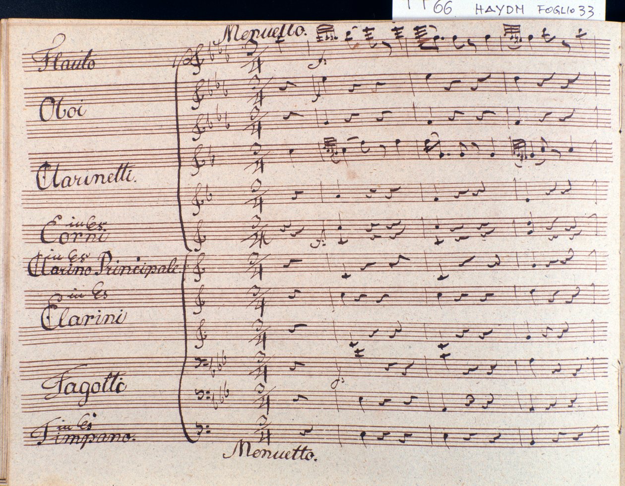 Pierwsza strona partytury menueta w Symfonii 66 B-dur J Haydn autorstwa Joseph Haydn