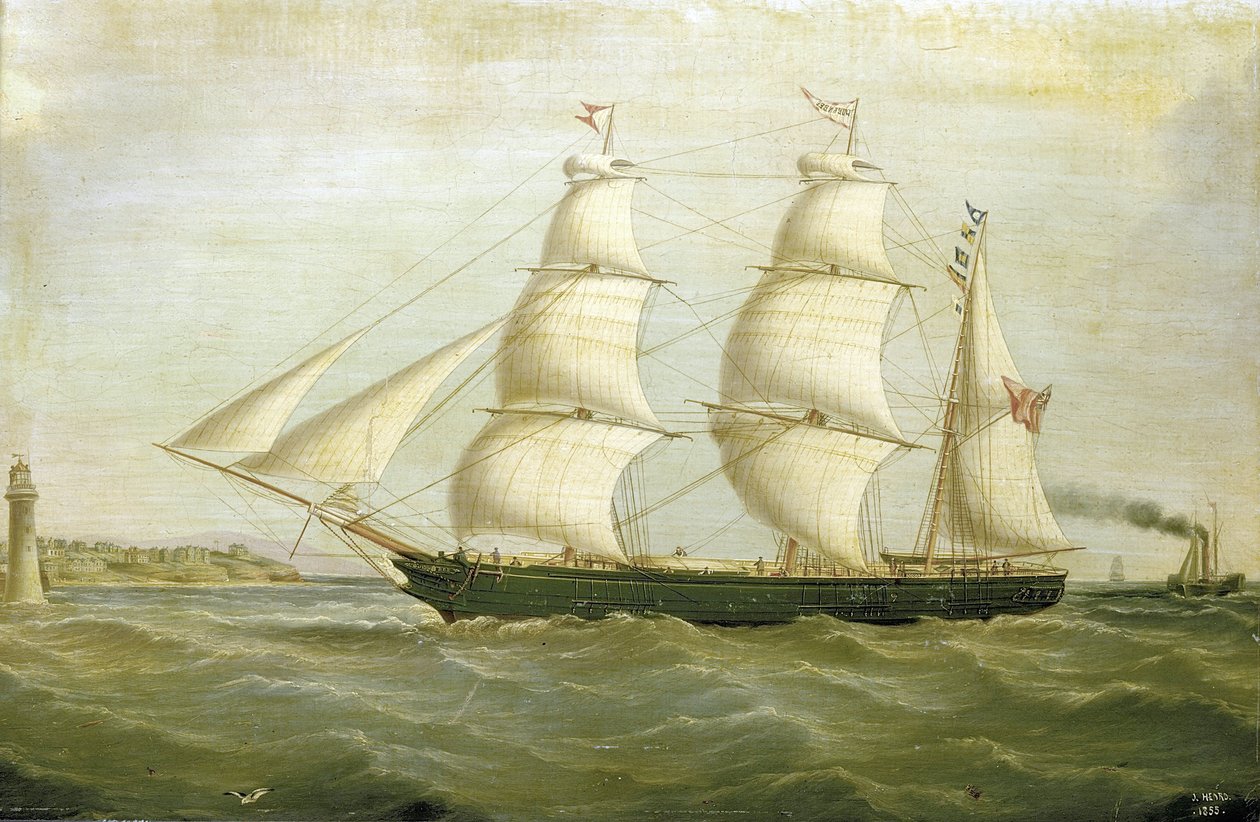Żaglówka "Queen Bee" (zbudowana w 1852 r.) z latarnią morską po jednej stronie zbudowaną z domów. Obraz olejny autorstwa Joseph Heard
