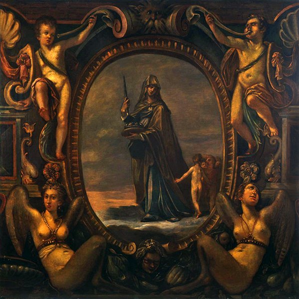 Figura alegoryczna z puttami w kartuszu (olej na płótnie) autorstwa Joseph Heintz