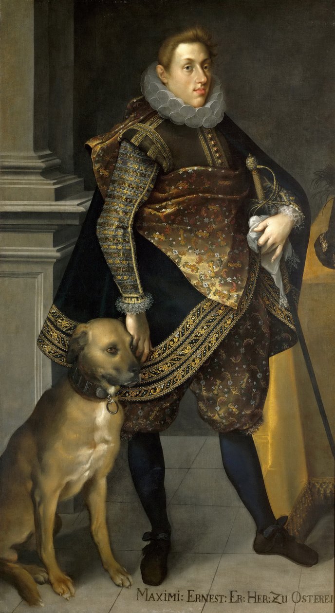 Arcyksiążę Maksymilian Ernest Austrii 1583-1616 z psem myśliwskim, 1604 autorstwa Joseph Heintz the Elder