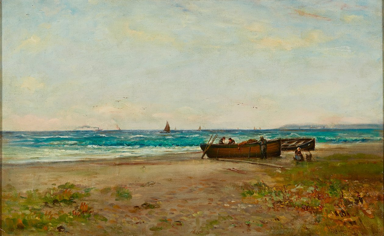 Doglądanie łodzi, Wybrzeże Ayrshire (olej na płótnie) autorstwa Joseph Henderson