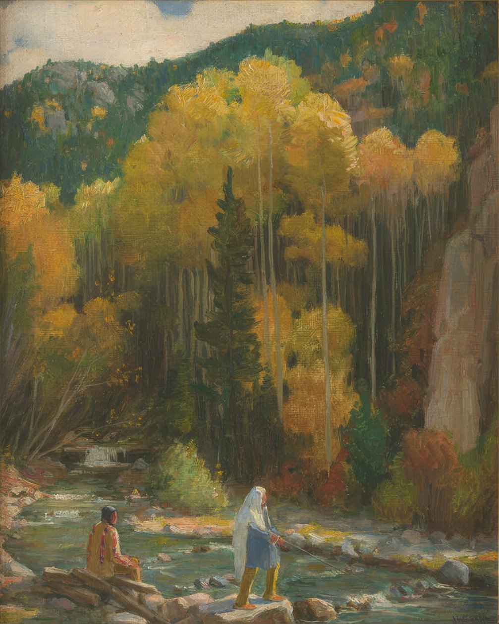 Indianie łowiący ryby, kanion Taos autorstwa Joseph Henry Sharp