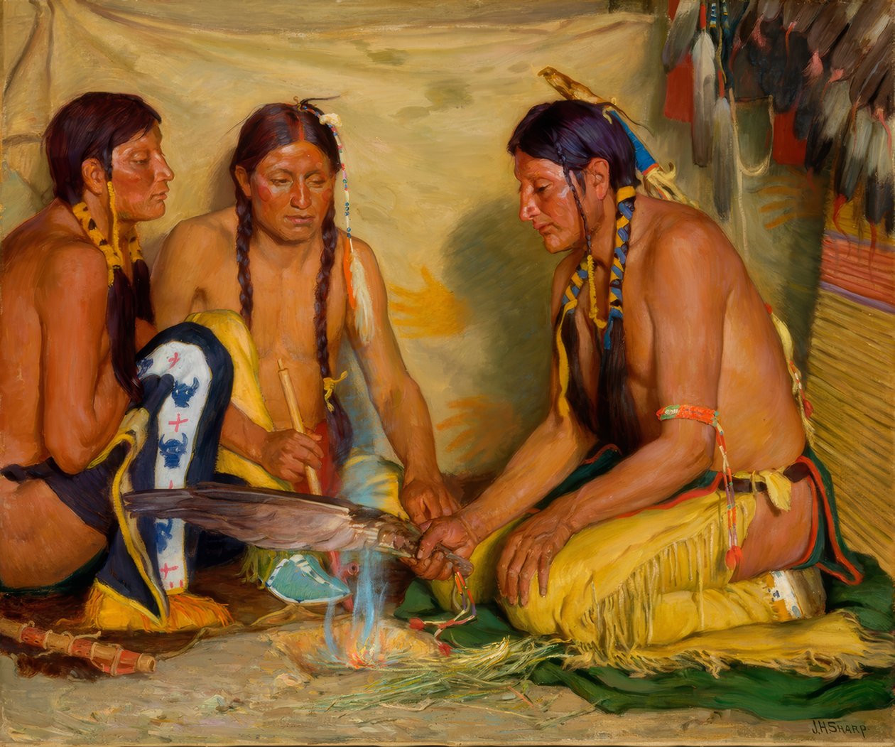 Wytwarzanie leków ze słodkiej trawy, ceremonia Czarnych Stóp autorstwa Joseph Henry Sharp