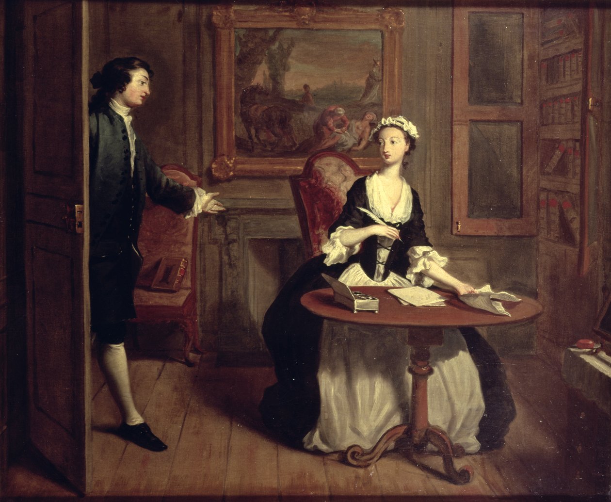 Pan B. znajduje pismo Pameli, ilustrację z „Pameli” Richardsona; lub „Nagrodzona cnotą”, pierwszy wyd. 1740 autorstwa Joseph Highmore