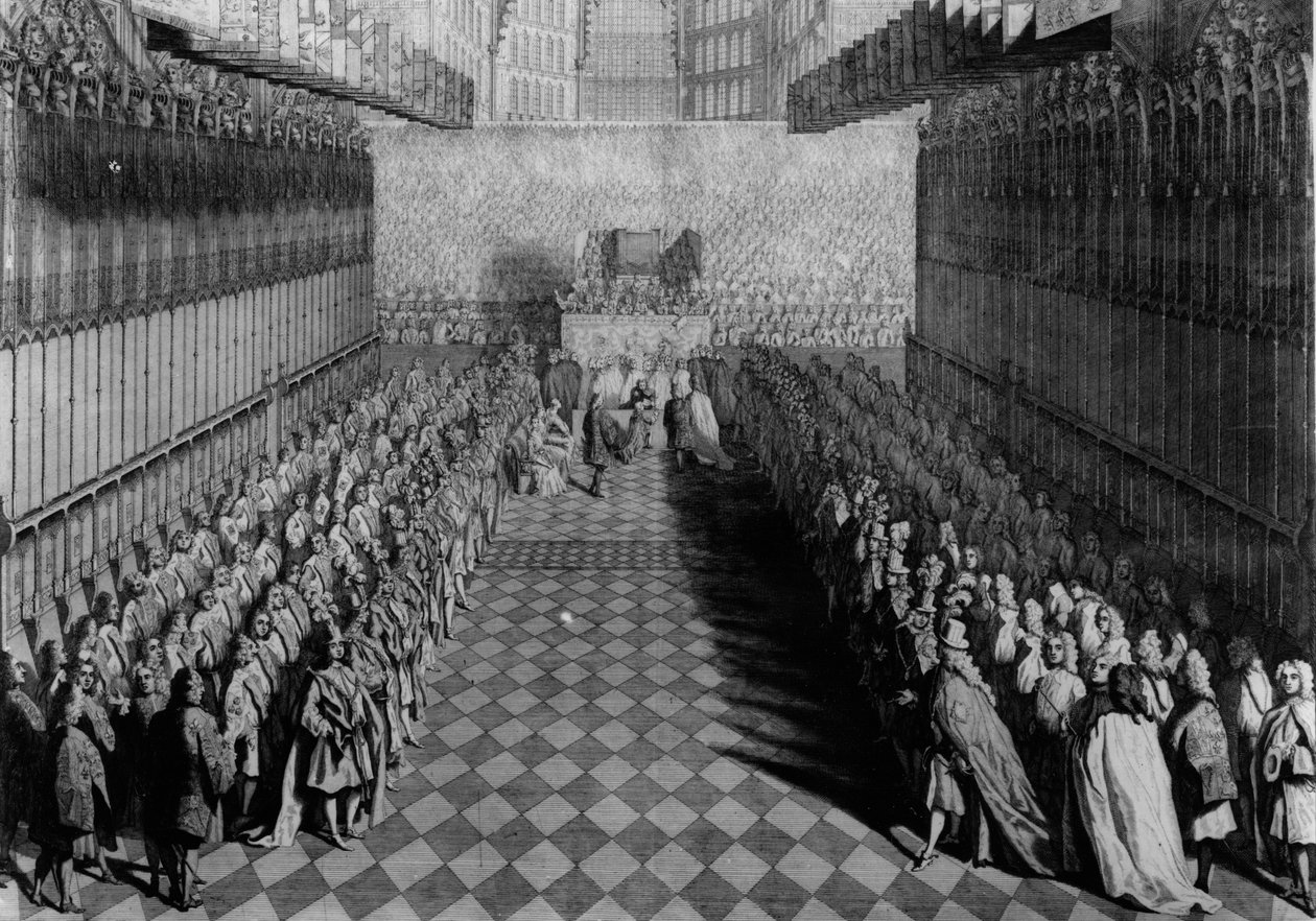 Książę William ofiarowujący swój miecz Dziekanowi, przy Ołtarzu Rycerze Stojący pod Chorągwiami, wydana w 1730 r., rycina J. Pine autorstwa Joseph Highmore