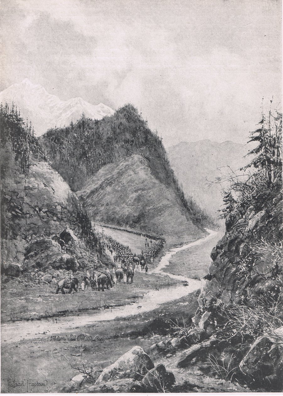 Afganistan: Marsz kolumny z Kabulu do Khandaharu, sierpień 1880, ilustracja z brytyjskich bitew lądowych i morskich, 1915 autorstwa Joseph Holland Tringham