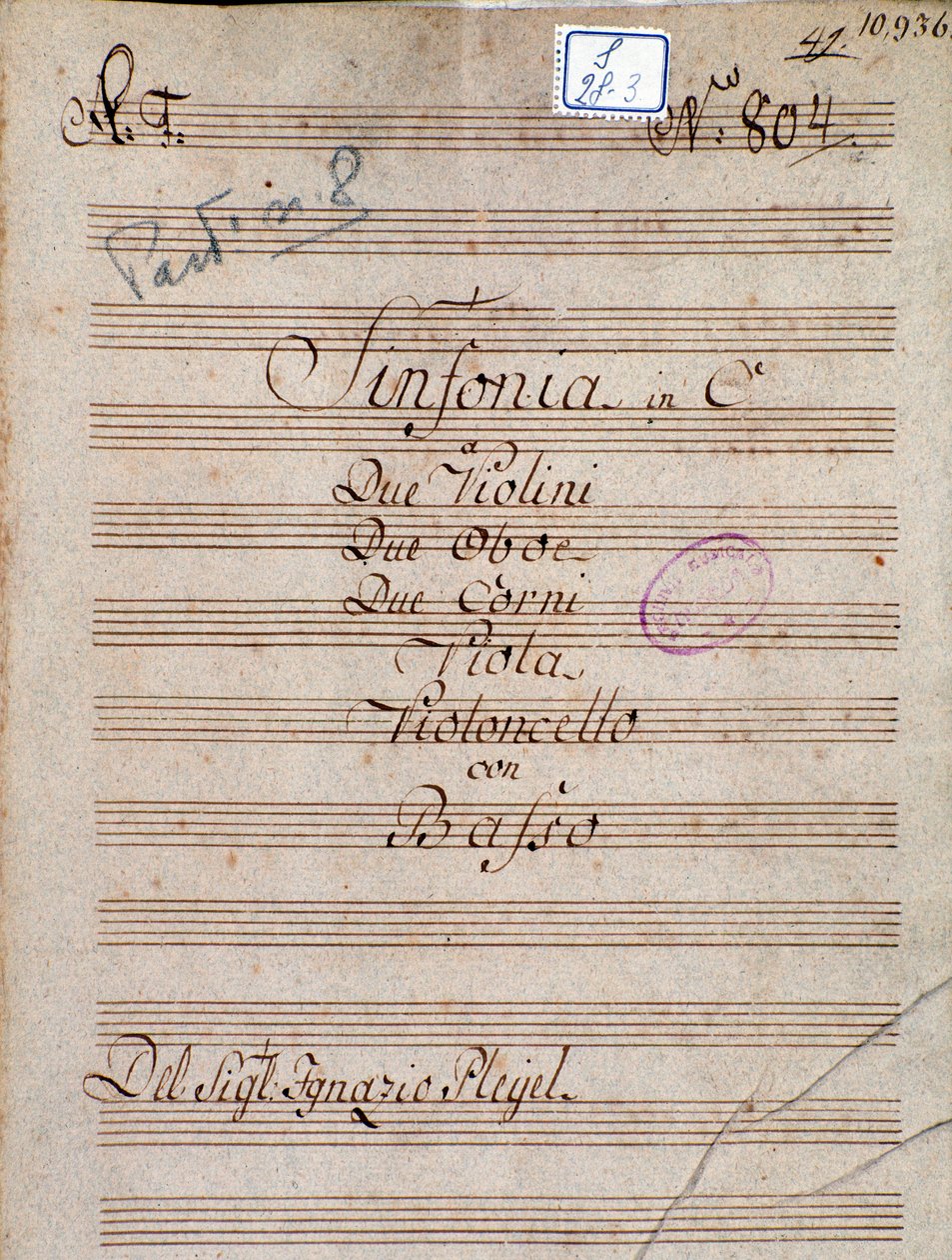 Pierwsza strona partytury Symfonii C Pleyela autorstwa Joseph Ignace Pleyel