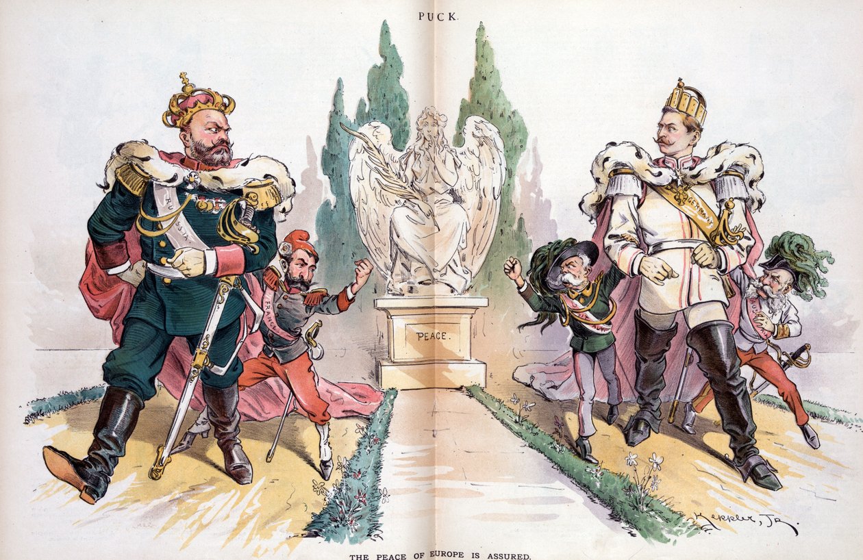 Aleksander III, oznaczony jako "Rosja", patrzący na Wilhelma II, oznaczonego jako "Niemcy". autorstwa Joseph Keppler