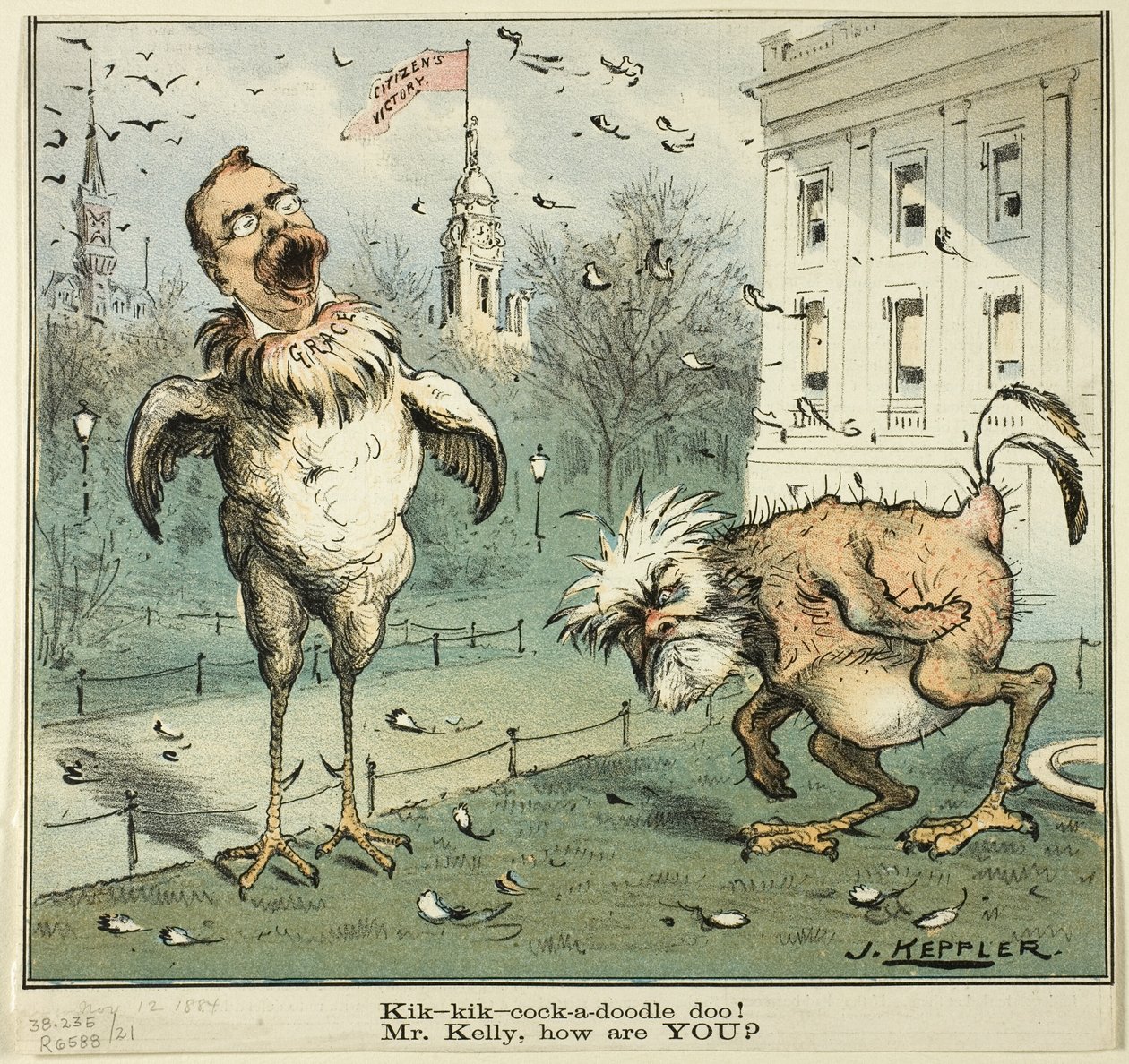 Kik-kik-cock-a-doodle doo! Panie Kelly, jak się masz, od Pucka autorstwa Joseph Keppler