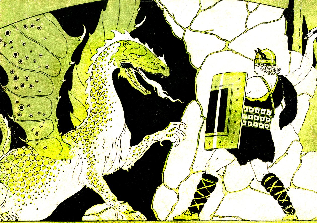 Zygfryd walczy ze smokiem. Legenda o Nibelungach. Ilustracja autorstwa Josepha Kuhn Regnier (Kuhn-Regnier) (1873-1940) do "Epopees et legendes d