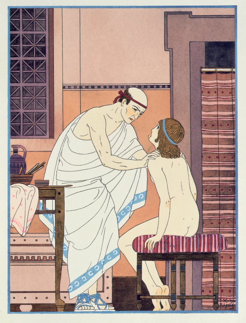 Badanie gardła, ilustracja z „Dzieła wszystkich Hipokratesa”, 1932 autorstwa Joseph Kuhn Regnier