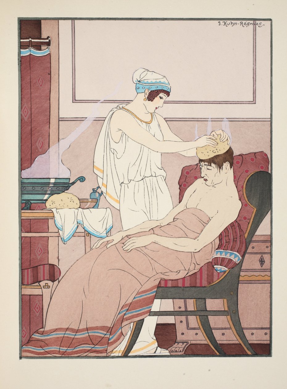 Gąbka nasączona gorącą wodą przykładana jest do głowy, ilustracja z "Dzieł Hipokratesa", 1934 r. autorstwa Joseph Kuhn Regnier