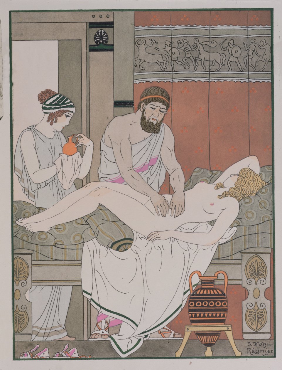 Badanie pacjenta, ilustracja z „Dzieła wszystkich Hipokratesa”, 1932 autorstwa Joseph Kuhn Regnier
