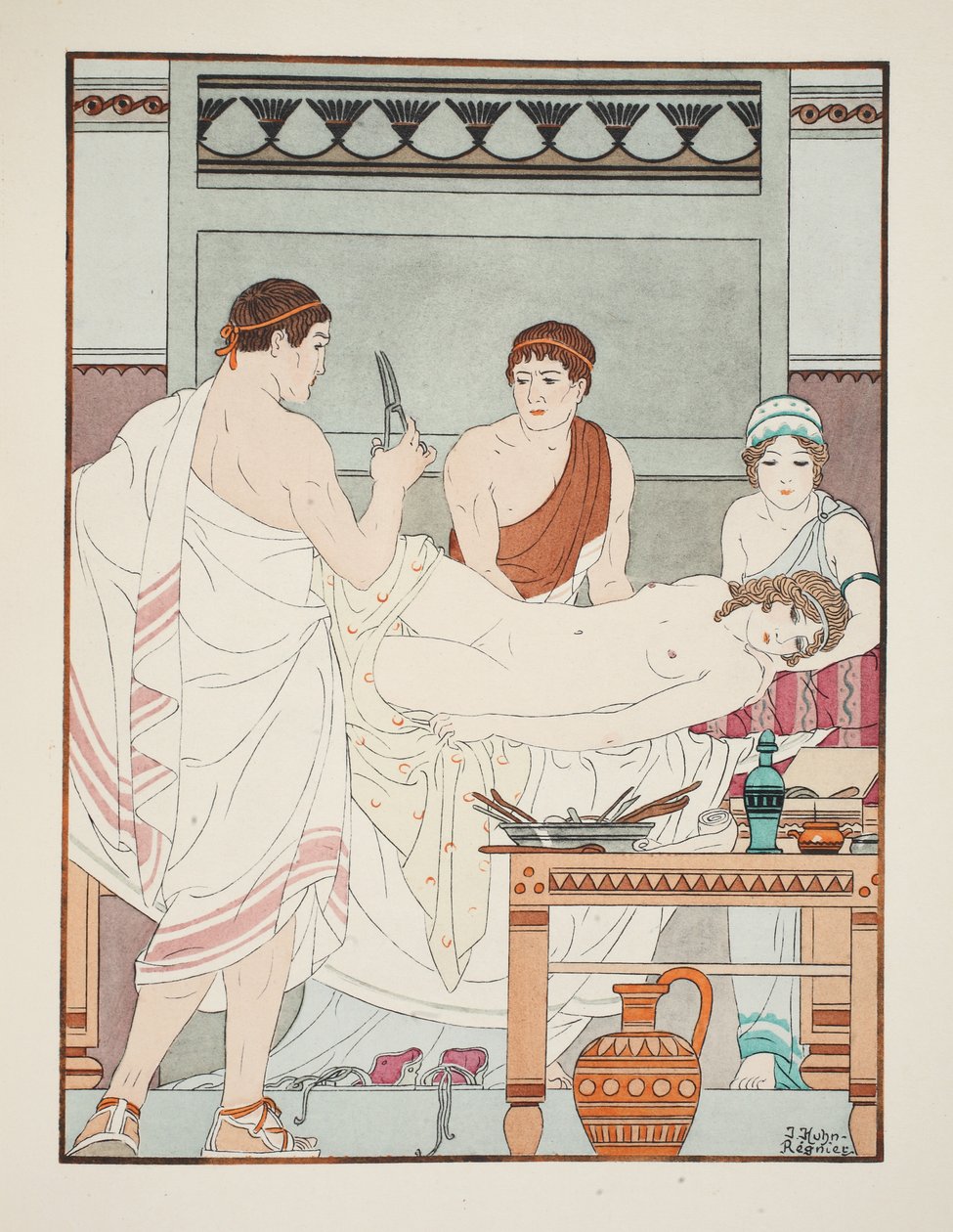 Badanie ginekologiczne, ilustracja z „Dzieła Hipokratesa”, 1934 autorstwa Joseph Kuhn Regnier