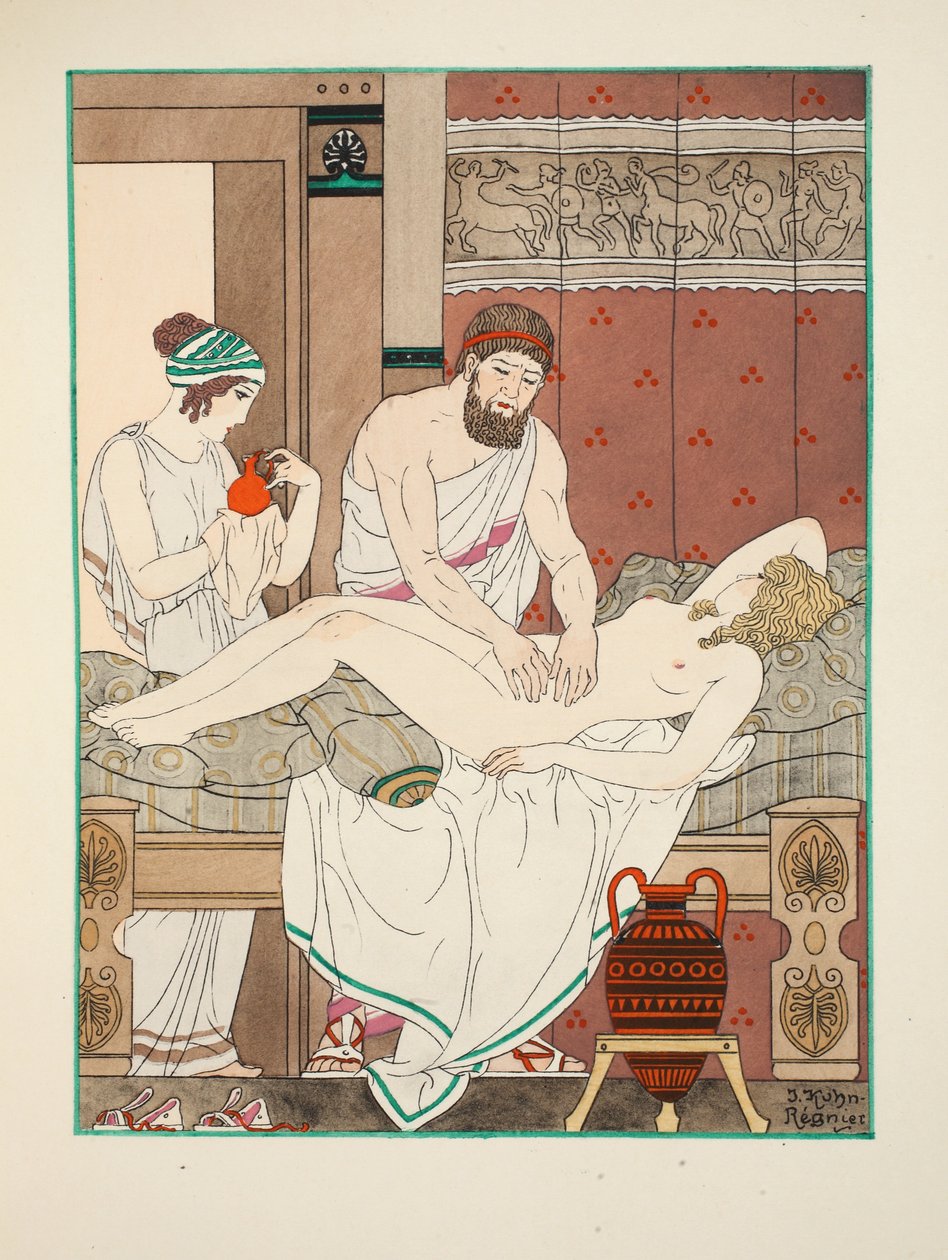Masaż leczniczy, ilustracja z "Dzieł Hipokratesa", 1934 autorstwa Joseph Kuhn Regnier