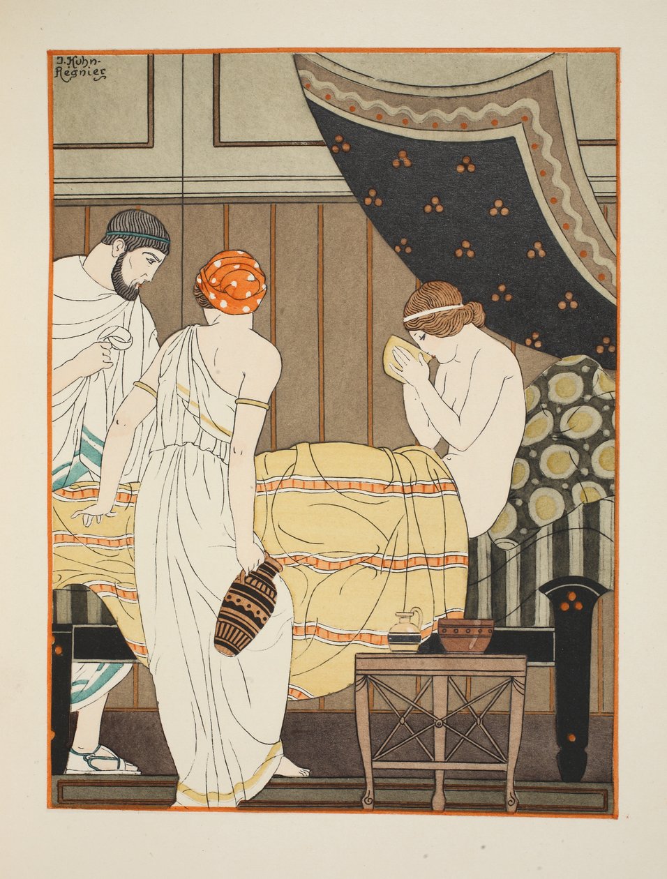 Chwytanie naczynia i łapczywe picie, ilustracja z „Dzieła Hipokratesa”, 1934 autorstwa Joseph Kuhn Regnier