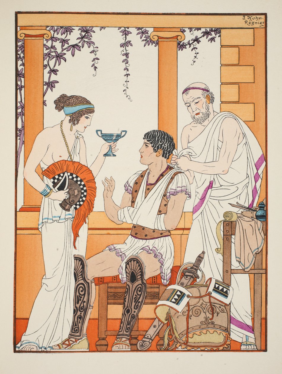 Ranny żołnierz z ręką na temblaku, ilustracja z „Dzieła Hipokratesa”, 1934 autorstwa Joseph Kuhn Regnier