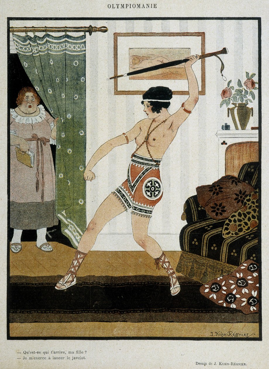 Młoda dziewczyna w antycznym stroju szkolenia do rzucania oszczepem z parasolem. Plakat fantasy ilustrujący entuzjazm Olimpiady. Rysunek J. Kuhna Regniera około 1920 r. autorstwa Joseph Kuhn Regnier