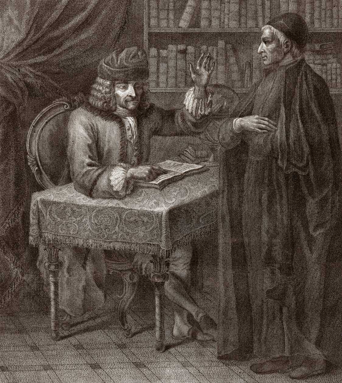 - Wolter i mnich - VOLTIER, Francois-Marie Arouet - z duchownymi. Wolter i ksiądz (religia) - Grawerowanie autorstwa Josepha Lante - 1764 autorstwa Joseph Lante